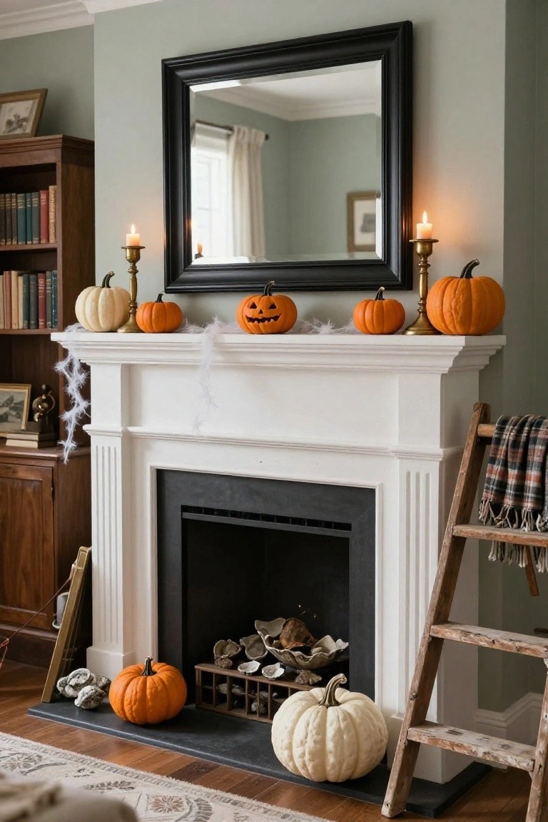 Fireplace mantel in a light green living room decorated for Halloween with white and orange pumpkins of various sizes, brass candelabras, cobwebs, and a large black-framed mirror above.