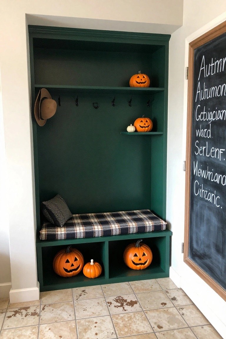 Emerald green built-in mudroom cabinetry with upper shelves holding small pumpkins, coat hooks, a lower cushioned bench over storage cubbies with larger pumpkins, and an adjacent chalkboard listing autumn words.