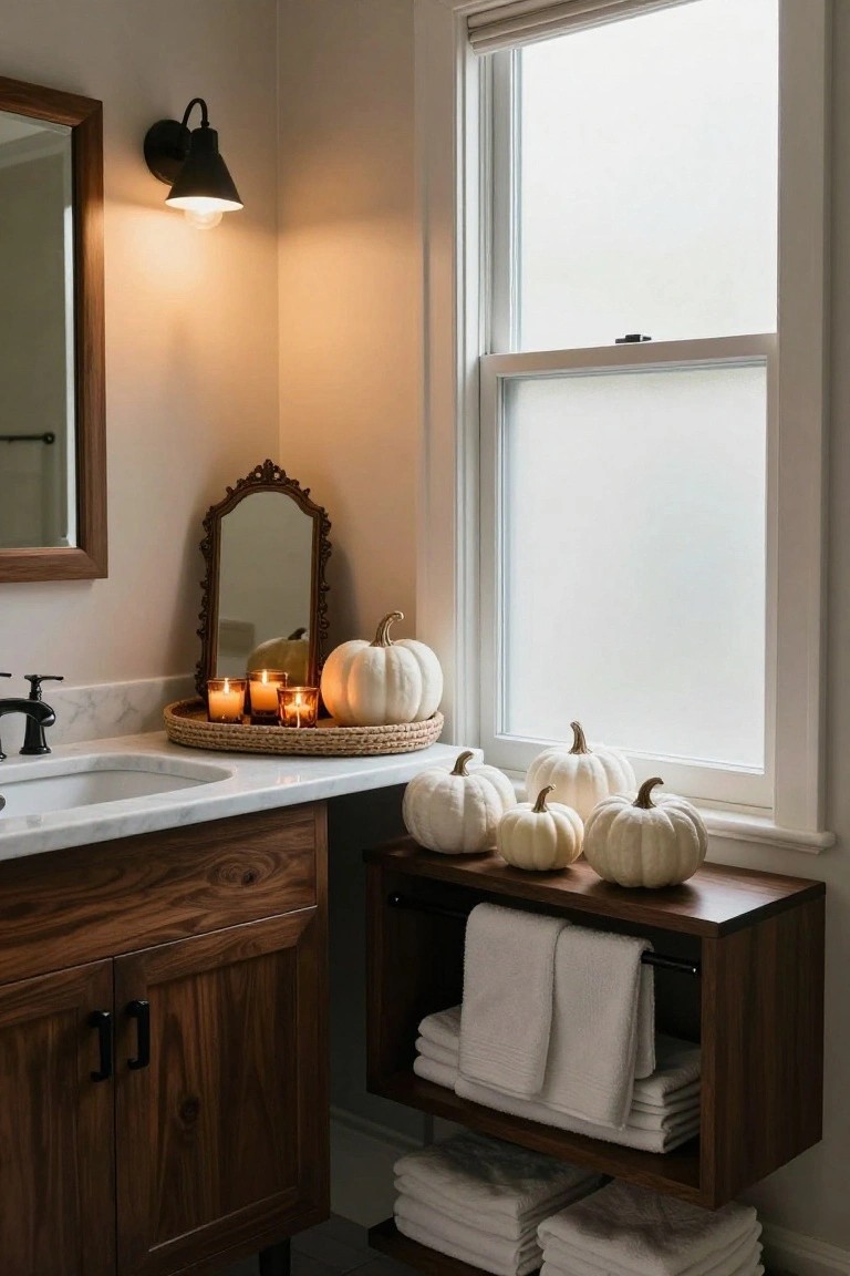 Bathroom vanity with white pumpkins and amber candles on a woven tray next to an ornate mirror, marble sink, wood cabinetry, stacked white towels on a shelf, wall sconce, and frosted window.