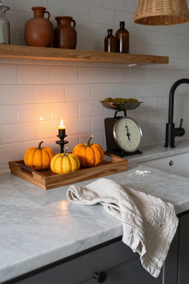 Kitchen countertop displaying a wooden tray with four small orange pumpkins, a lit black candle holder, vintage metal scale, moss in metal bowl, linen cloth, near sink, with white subway tile backsplash and wooden shelf holding terracotta pots and glass bottles above.
