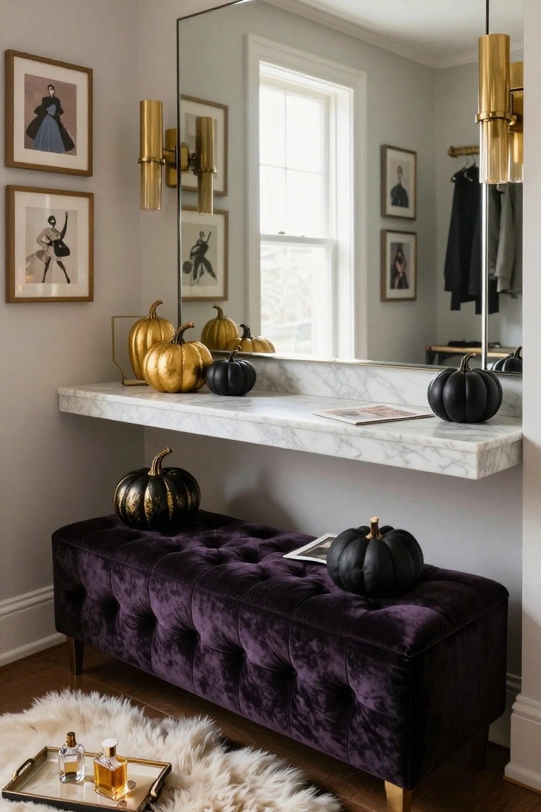 Corner of a dressing room with a large framed mirror, floating white marble shelf holding gold and black pumpkins, purple velvet bench with black pumpkins on it, gold wall sconces, framed artwork, hanging clothes, and a sheepskin rug on wood floors.