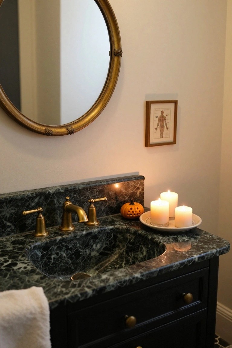 Bathroom vanity with dark green marble sink and countertop, gold faucet and handles, black cabinet, three lit white pillar candles and small orange carved pumpkin on white plate, oval gold mirror above, framed print on wall.