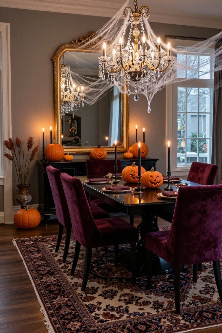 Dining room with deep purple velvet chairs around a dark wood table set for Halloween, featuring jack-o-lantern pumpkins on black candlesticks, candles on a sideboard, cobwebs draped over a gold chandelier and mirror, and potted pumpkins nearby.