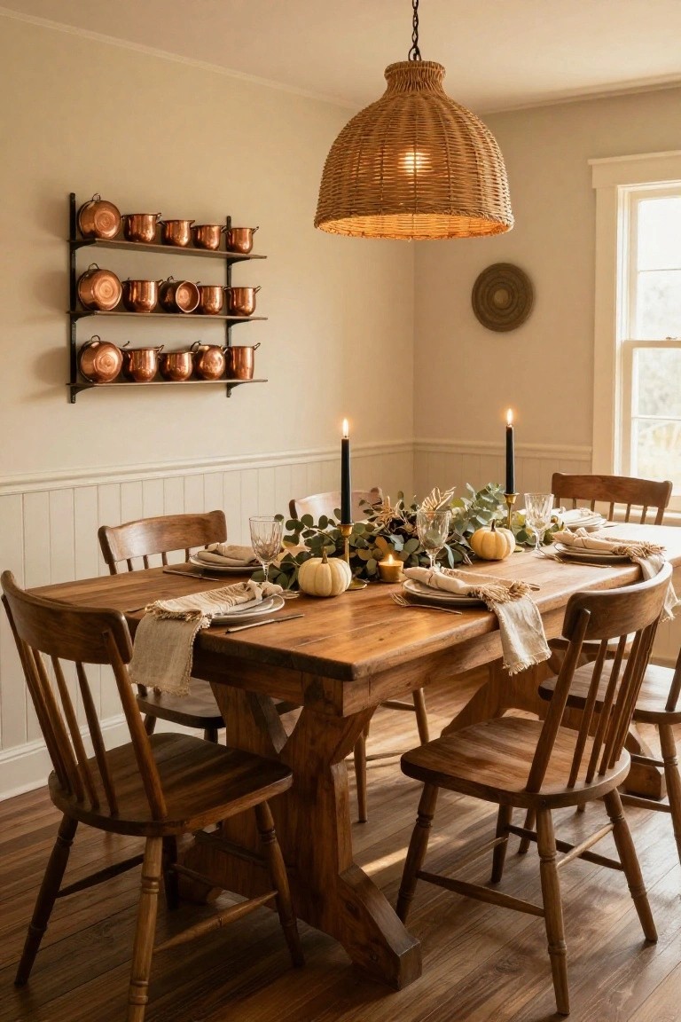 Dining room featuring a wooden trestle table with a centerpiece of mini white pumpkins, eucalyptus greenery, gold candles, and black taper candles in brass holders, set with white plates and linen napkins, wooden chairs, copper pots on wall shelves, and a rattan pendant light overhead.