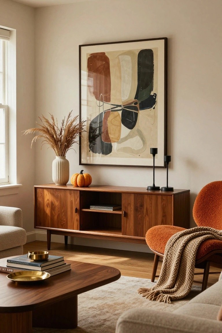 Living room corner showing a wooden credenza topped with a white vase of pampas grass, small orange pumpkin, books, and black candlesticks, next to an orange chair and large abstract wall art.