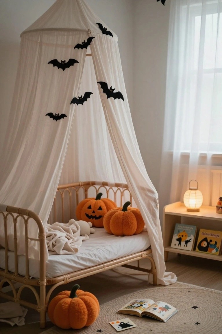 Child's rattan bed with white sheer canopy draped in black paper bat cutouts, plush orange pumpkins on the bed and floor, next to a shelf with books and a paper lantern in a light room.
