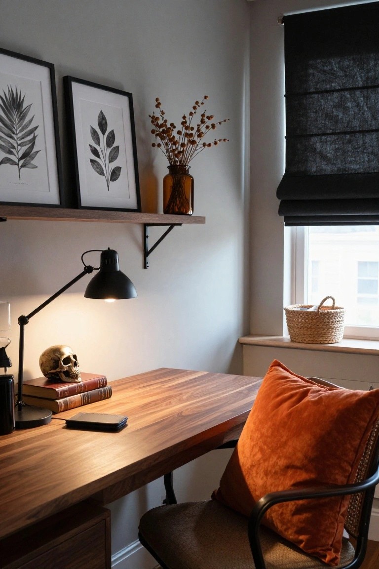 Corner view of a wooden desk in a light gray room holding a faux human skull, vintage red books, desk lamp, and slim phone, with an orange velvet pillow on a chair, floating shelves displaying black-framed leaf art and a glass vase of dried berries above, black roller blind on window, and woven basket on windowsill.