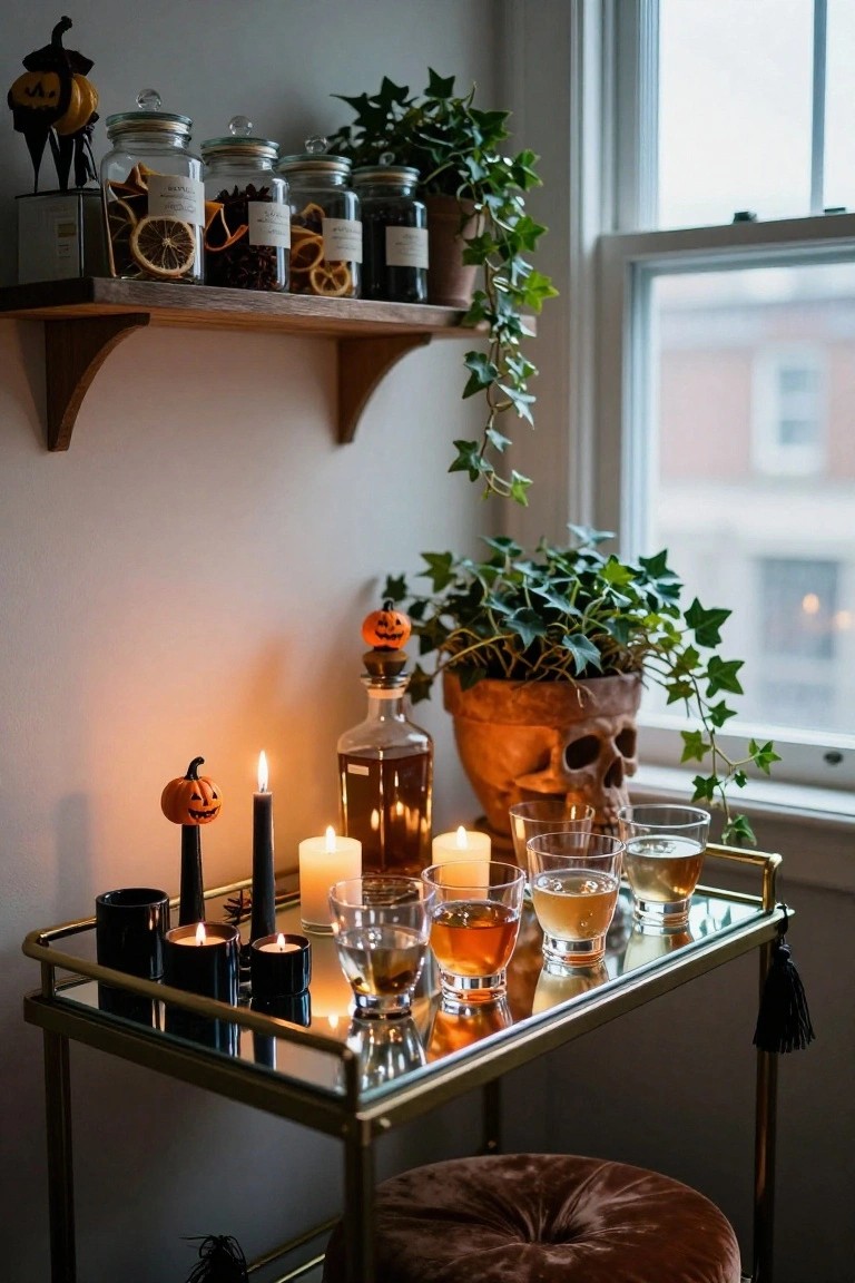 Gold bar cart holding glasses of amber drinks and clear liquids, black and white candles, and candle holders, next to a skull planter with ivy, small pumpkins, and jars on shelves in a room with a window.