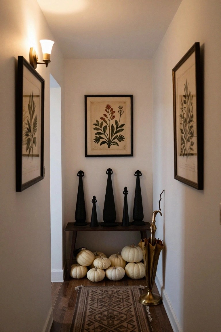 Narrow white hallway with black-framed botanical prints on walls, brass wall sconce, wooden bench holding tall black conical sculptures, cluster of white pumpkins underneath, brass umbrella stand with umbrella, and patterned rug on hardwood floor.