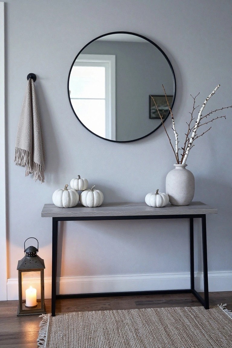 Light gray entryway wall with black round mirror, beige towel on hook, gray wood-top console table holding stacked white pumpkins and gray vase of branches, plus small white pumpkin, lit metal lantern on floor beside seagrass rug.