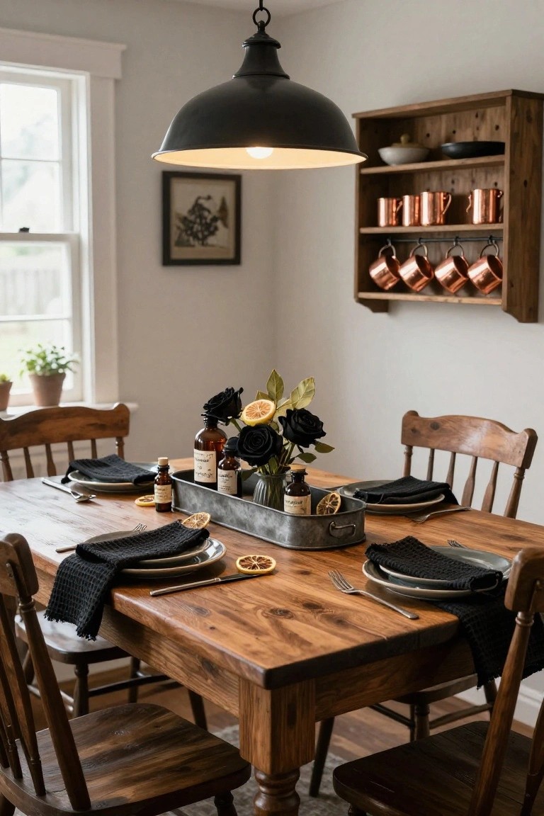 Wooden farmhouse dining table set for four with black textured napkins, white plates, black roses and glass apothecary bottles in a galvanized metal tray centerpiece, wooden chairs, and copper pots on a nearby wooden shelf.