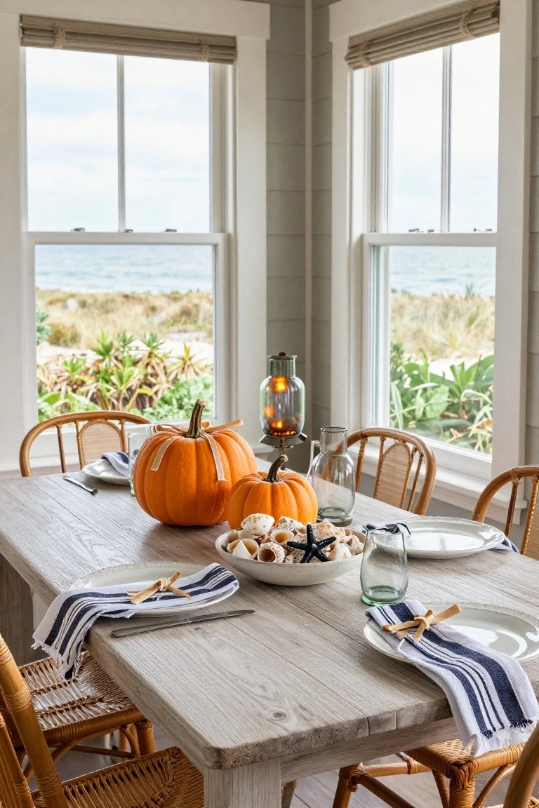 Dining room with wooden table set for Halloween using orange pumpkins, seashells in a bowl, white plates with navy napkins, rattan chairs, and large windows showing beach dunes and ocean.