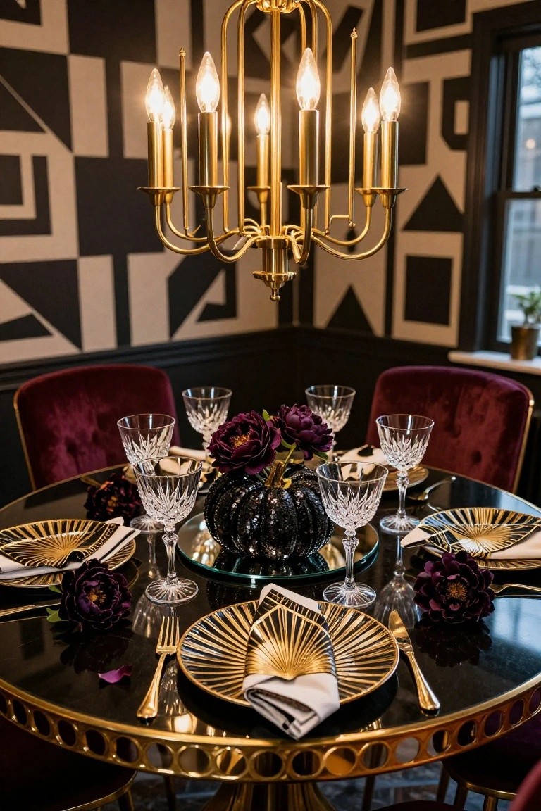 Round glossy black dining table centered with gold fan plates, folded white napkins with gold details, crystal glasses, purple peony flowers, and black glitter pumpkin, flanked by red velvet chairs under a gold chandelier in a black and white geometric wallpapered room.