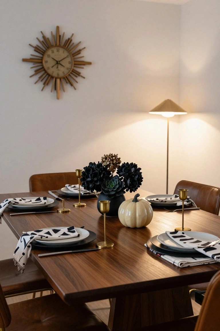 Dining table in a white room set with black hydrangea and succulent centerpiece in a black pot, white pumpkin, gold candlesticks, white plates with black napkins, tan leather chairs, sunburst wall clock, and conical floor lamp.