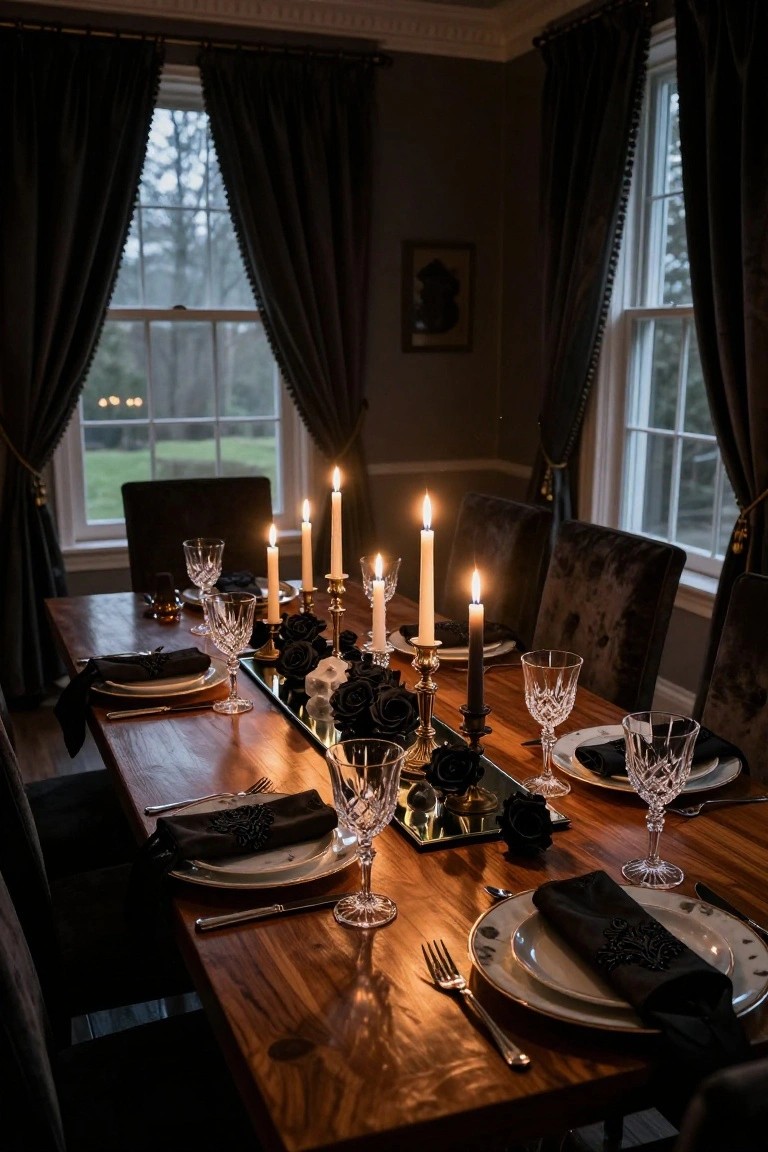A wooden dining table set for Halloween with a mirrored runner holding black roses and crystal sculptures, multiple lit taper candles in gold and black holders, crystal wine glasses, black embroidered napkins on white plates, velvet upholstered chairs, and dark drapes on tall windows in a dimly lit room.