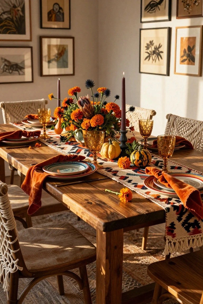 Rustic wooden table set with autumn flowers, pumpkins, and amber glassware.