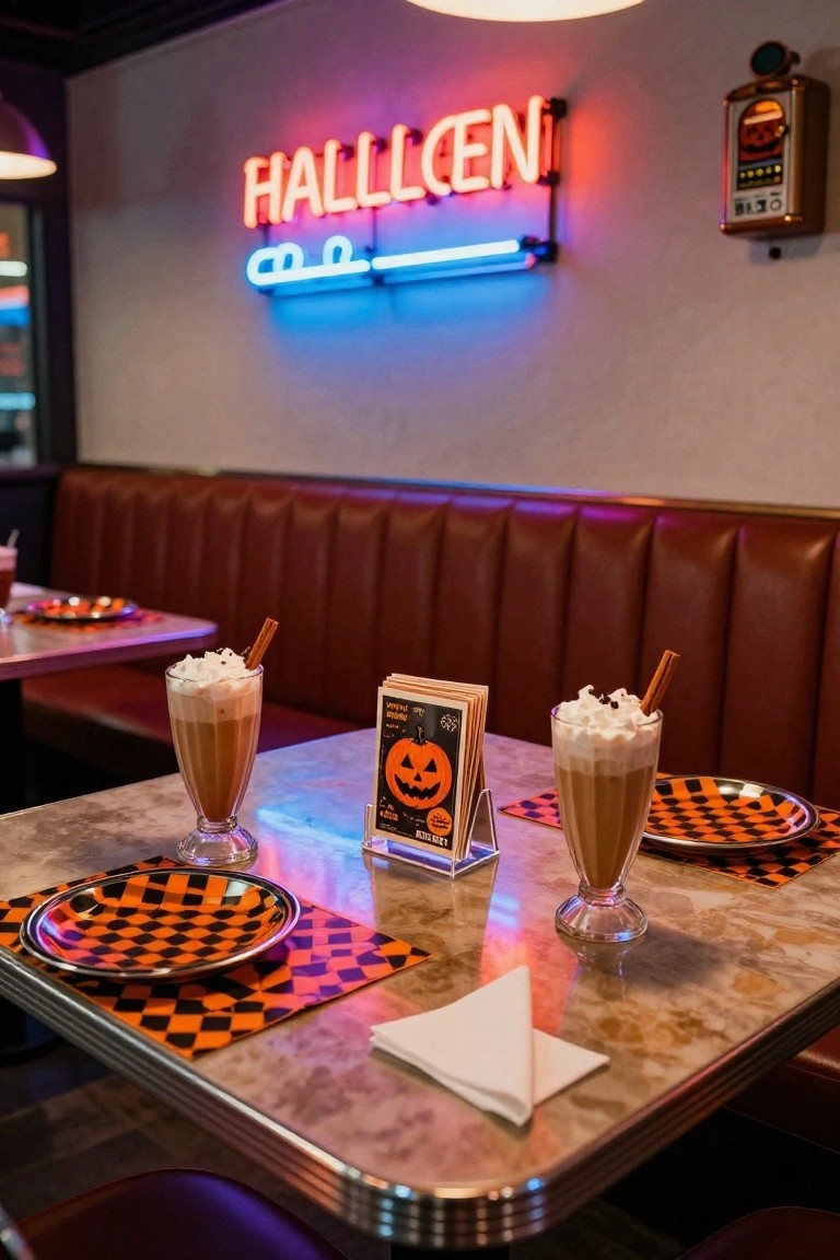 Diner booth table set for Halloween with two tall glasses of whipped cream-topped lattes garnished with cinnamon sticks on orange and black checkered placemats, pumpkin menu holder, neon sign on wall, and red leather seating.