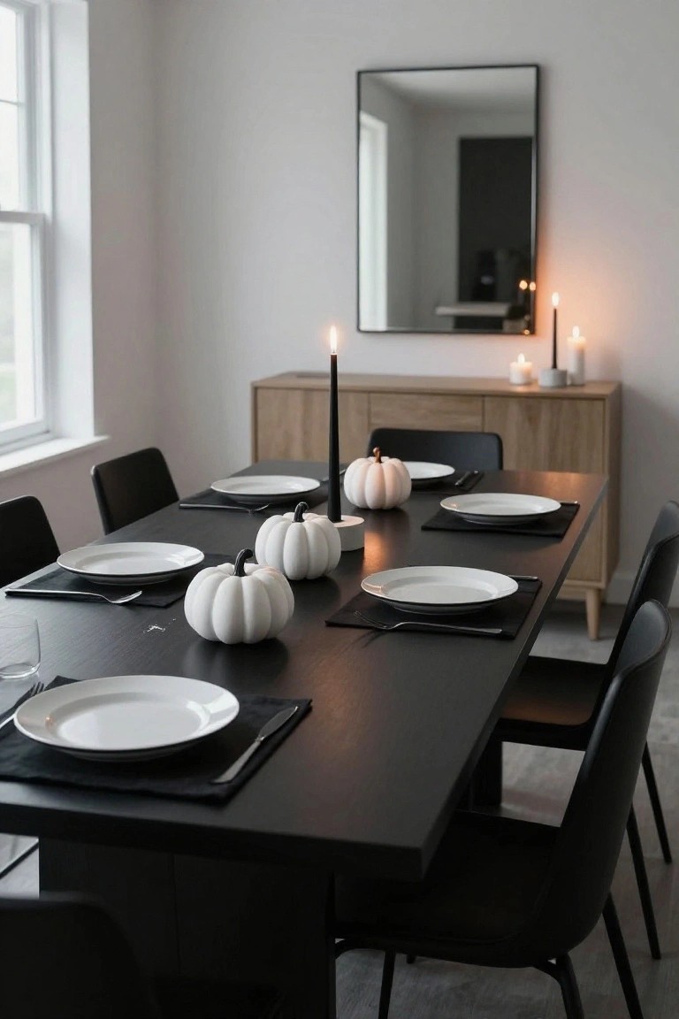 Black dining table in a white-walled room set with white plates on black placemats, several white pumpkins with green stems, candles in black holders, flanked by black chairs and a wooden buffet cabinet with more pumpkins and candles.