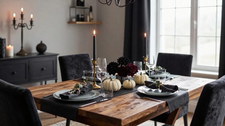 Dining table set for Halloween featuring brass candelabras with lit candles, clusters of white pumpkins and dark dahlias, black velvet chairs, gray napkins tied with twine, and glassware on a rustic wooden surface in a light-filled room.