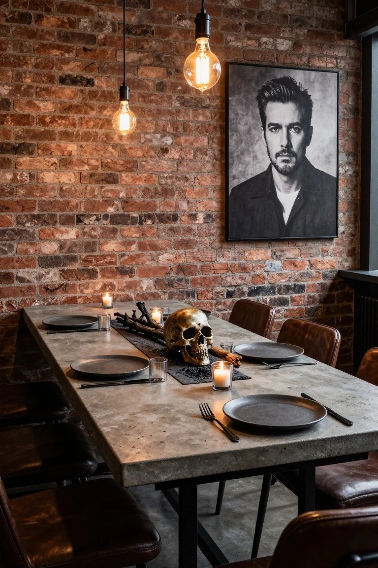 Dining table with black plates, gold skull centerpiece amid branches and candles on a dark runner, leather chairs, exposed brick wall, hanging Edison bulbs, and a framed black-and-white portrait of a man.