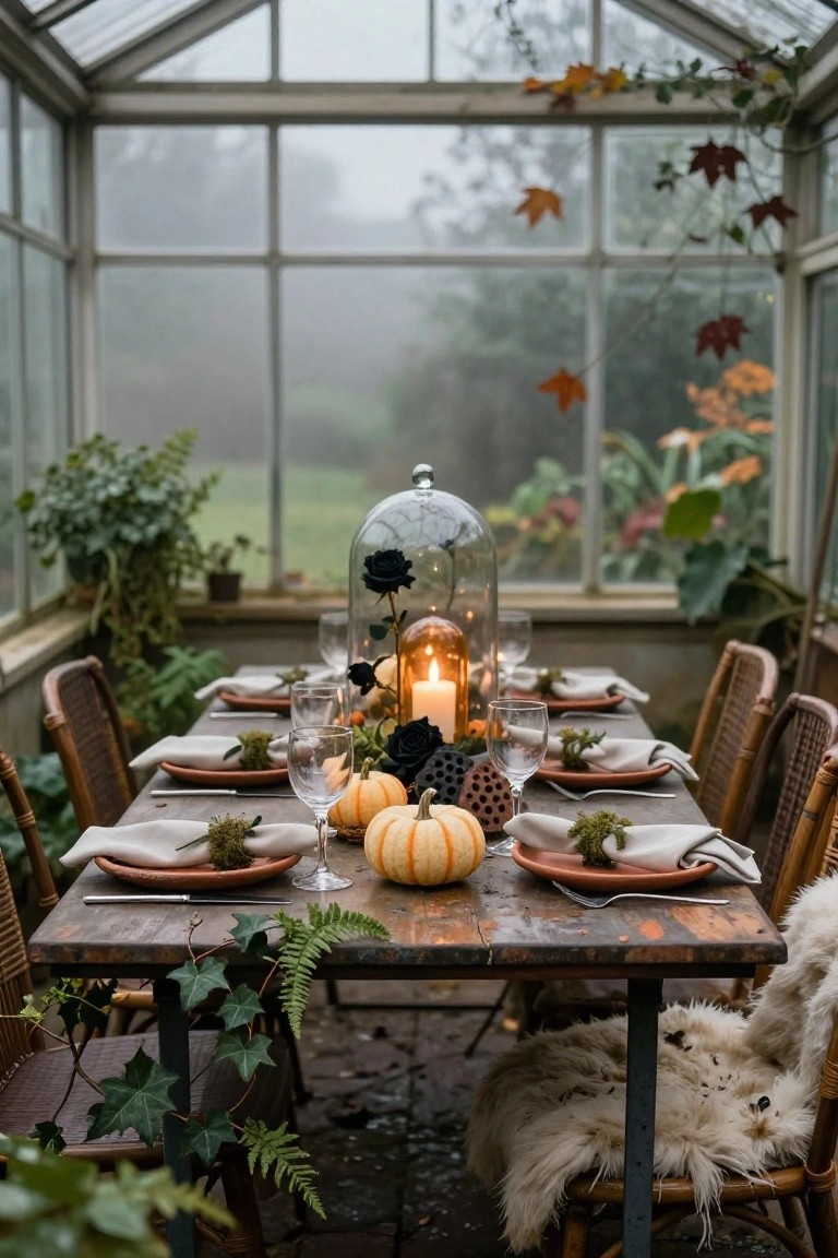 Dining table set for Halloween in a glass greenhouse with a central glass dome over black roses and a lit candle, small pumpkins on terracotta plates, moss on napkins, wooden chairs, and plants and fall leaves visible through the windows.