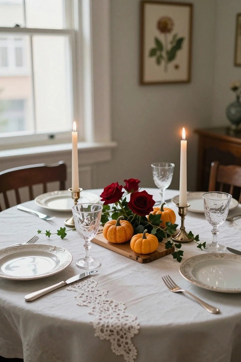Round dining table set with a wooden board centerpiece of small orange pumpkins, red roses, ivy, brass candlesticks holding lit white taper candles, etched wine glasses, white plates, and silverware on a white lace tablecloth.