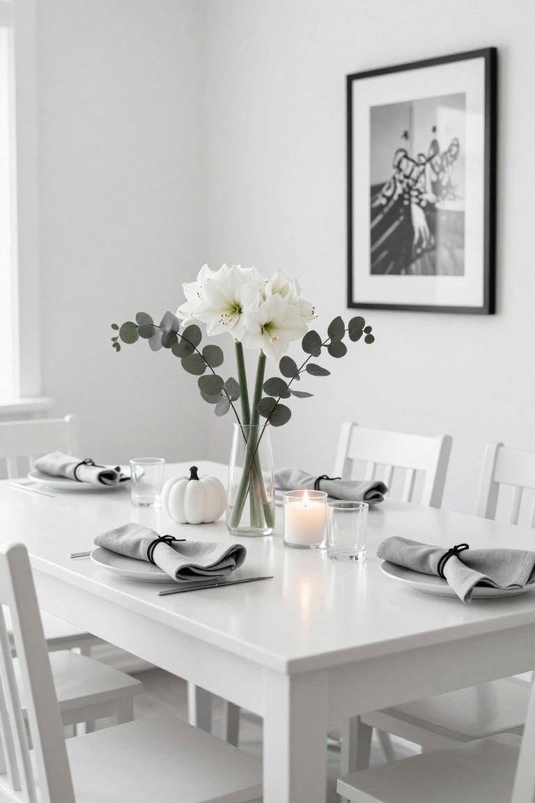 White wooden dining table in a white room, set with white plates, gray napkins tied with black ribbon, small white pumpkins, white lilies and eucalyptus in a glass vase, candles in glass holders, and clear glasses, with white chairs and a black-framed photo on the wall.