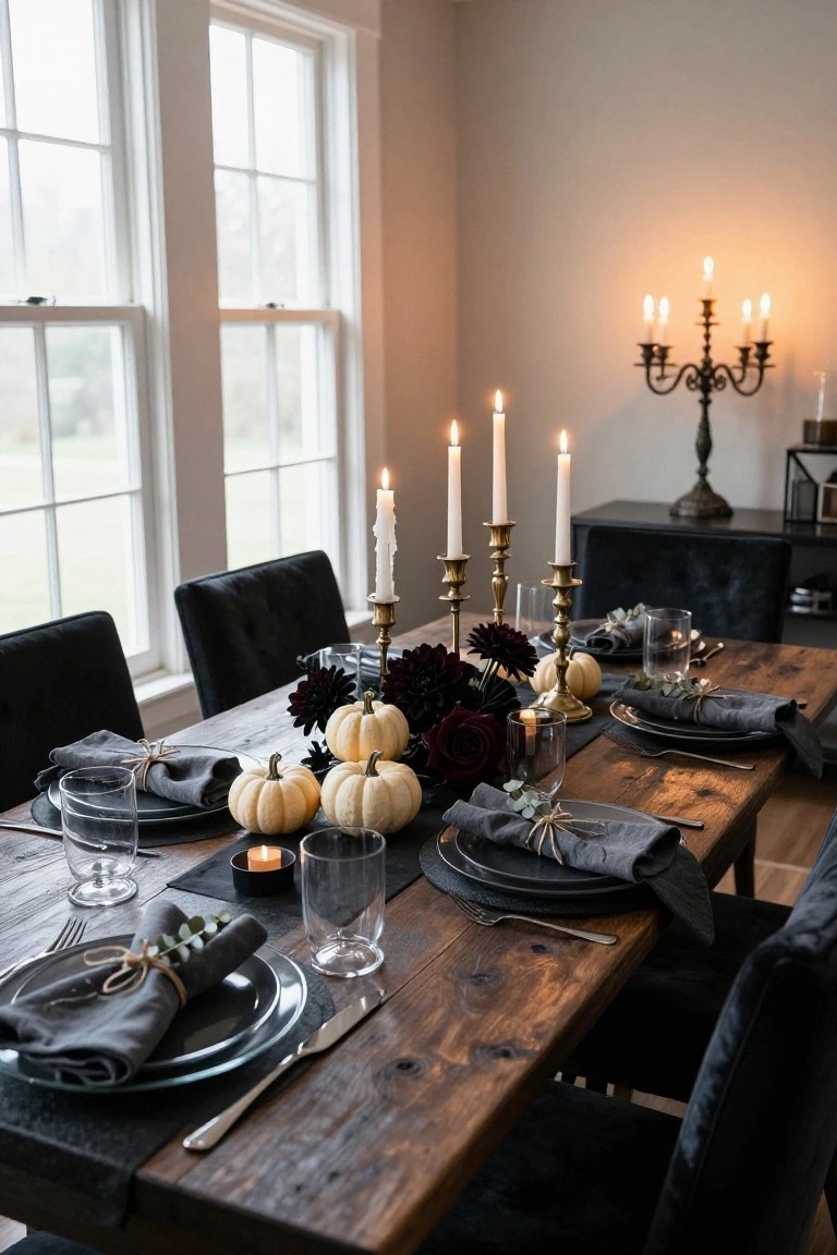 Dining table set for Halloween featuring brass candelabras with lit candles, clusters of white pumpkins and dark dahlias, black velvet chairs, gray napkins tied with twine, and glassware on a rustic wooden surface in a light-filled room.