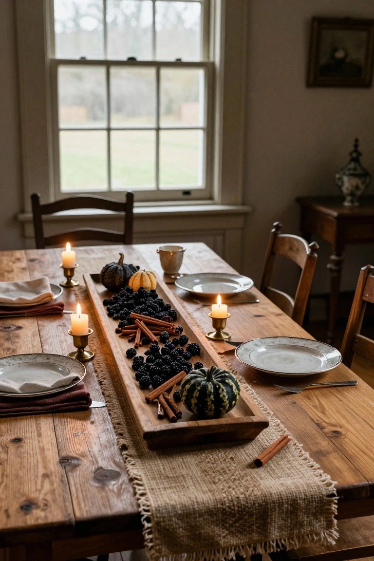 Wooden dining table in a softly lit room with a long board centerpiece overflowing with blackberries, cinnamon sticks, pumpkins, and brass candlesticks, flanked by white plates, linen napkins, and wooden chairs.