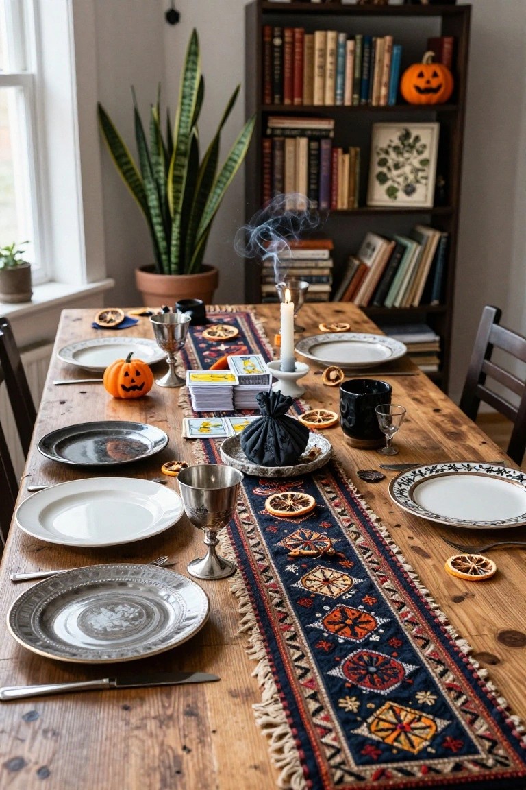 Rustic wooden dining table set for Halloween with white and metallic plates, silver goblets and utensils, small orange pumpkins, stacked tarot cards, dried orange slices, a candle, black mug, and navy runner with orange embroidery patterns, beside wooden chairs and bookshelves with plants and books.