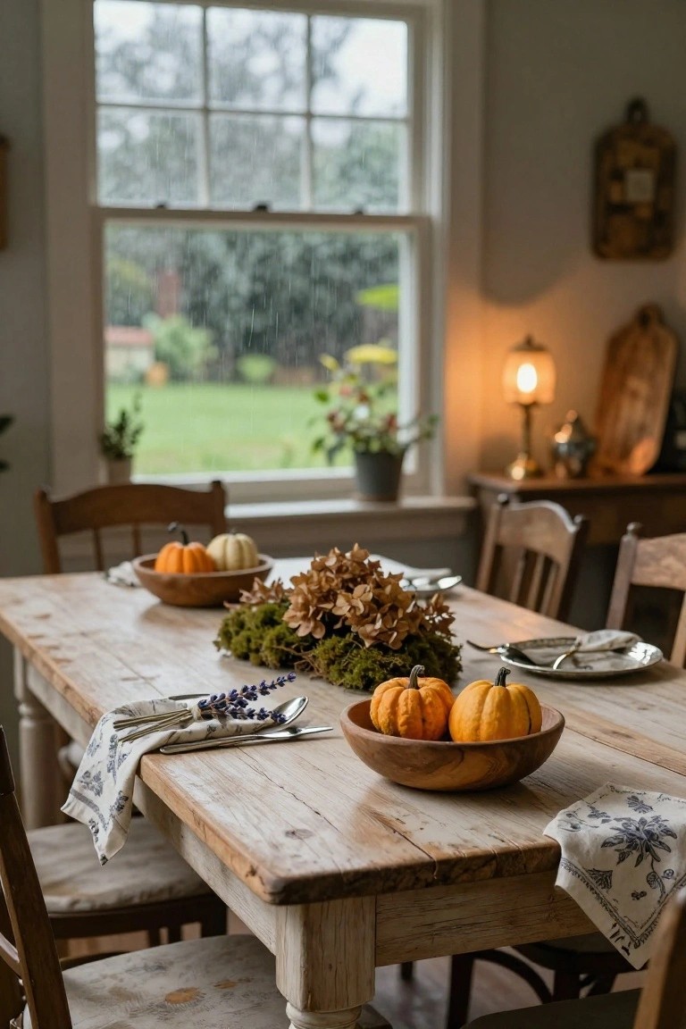 Dining table set with wooden bowls containing small orange and white pumpkins, green moss, dried hydrangea blooms, lavender bundles, silverware, and checkered linens on a whitewashed wooden surface, with wooden chairs and a rainy window view in a cozy room.