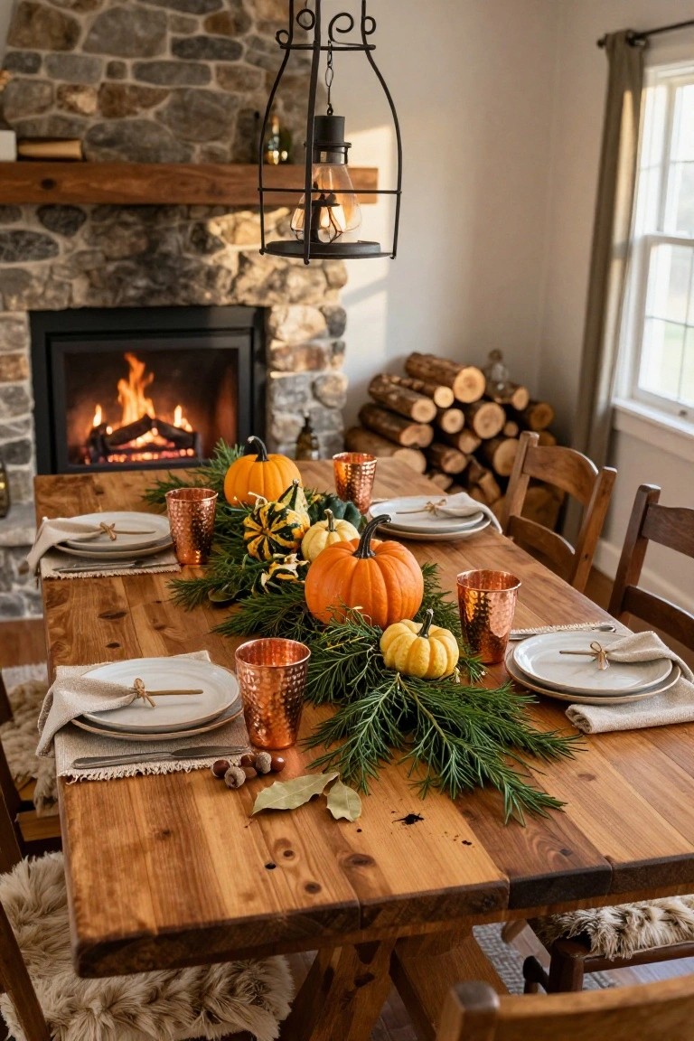 Wooden dining table with Halloween tablescape of small orange pumpkins, yellow gourds, green rosemary branches, copper tumblers, white plates, and linen napkins, beside a stone fireplace with firewood stacked nearby.