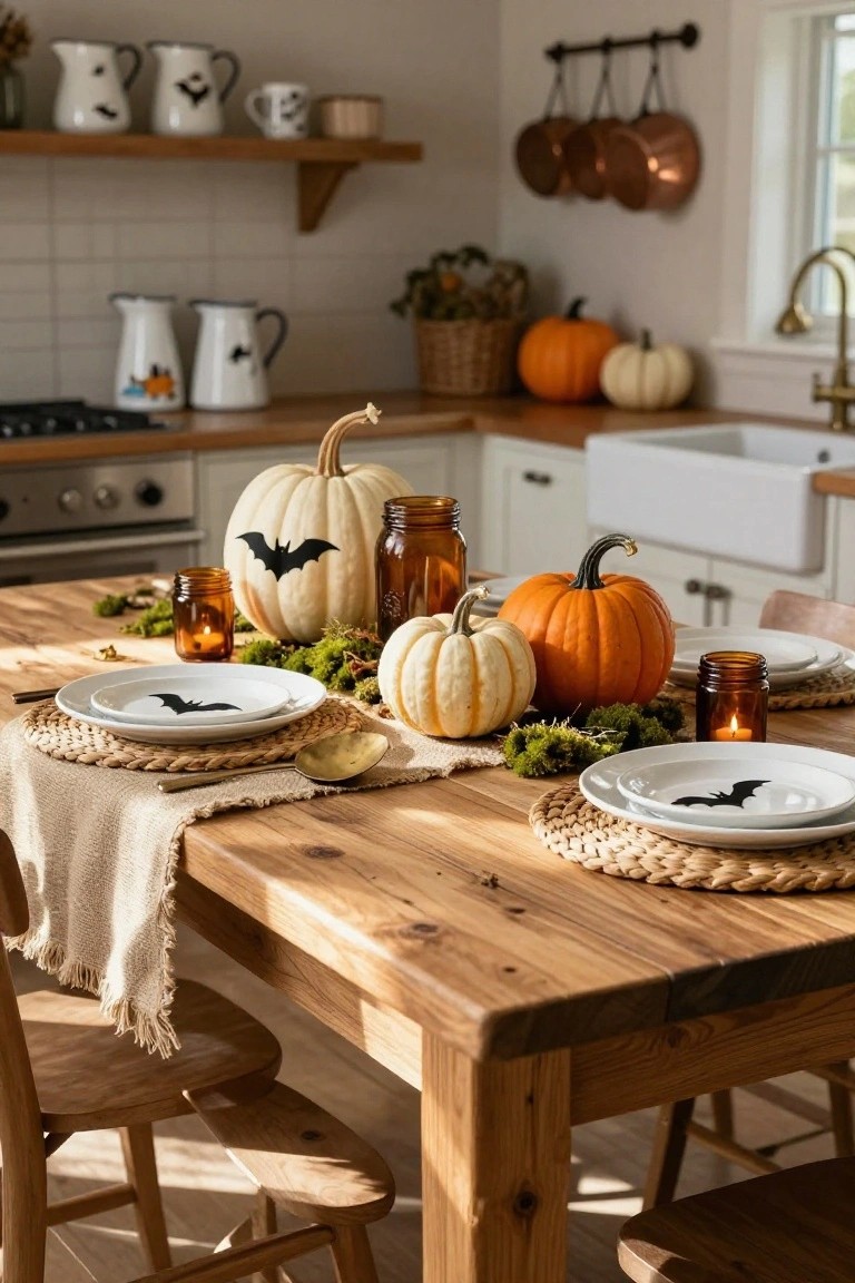 Wooden dining table in a kitchen set with white pumpkins featuring black bat stickers, green moss, amber glass jars with candles, bat-decorated white plates on seagrass placemats, and neutral linen runner.