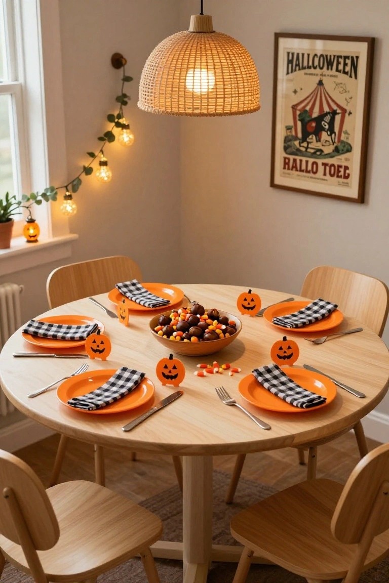 Round wooden dining table set for six with orange plates, black-and-white checkered napkins, paper pumpkin place markers, central bowl of candy corn and nuts, under rattan pendant light, with Halloween poster and garland lights in background.