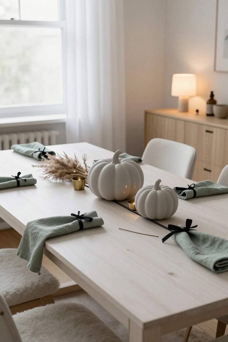 Dining table in a bright room set with multiple white ceramic pumpkins, pampas grass, green linen napkins tied with black ribbons, gold candle holders, and white upholstered chairs.
