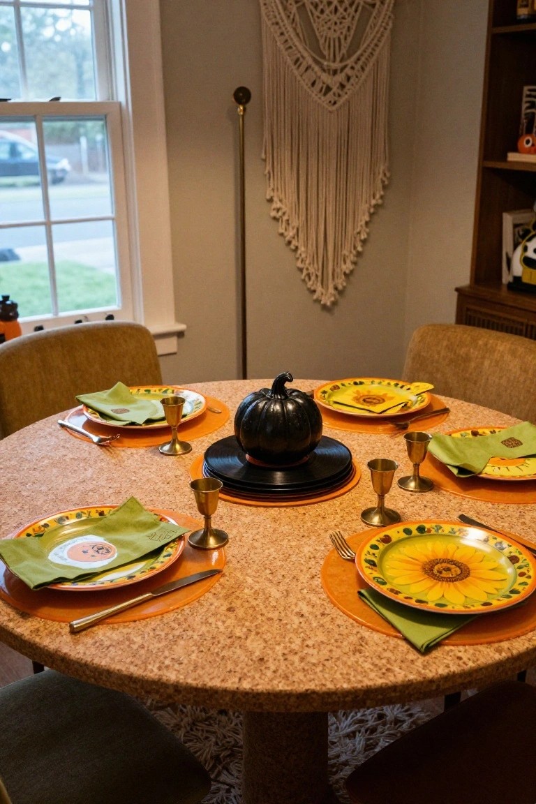 Round cork-topped dining table set with sunflower-patterned plates on orange placemats, green napkins, brass candlesticks and goblets, forks and knives, and a central black pumpkin on stacked black vinyl records.