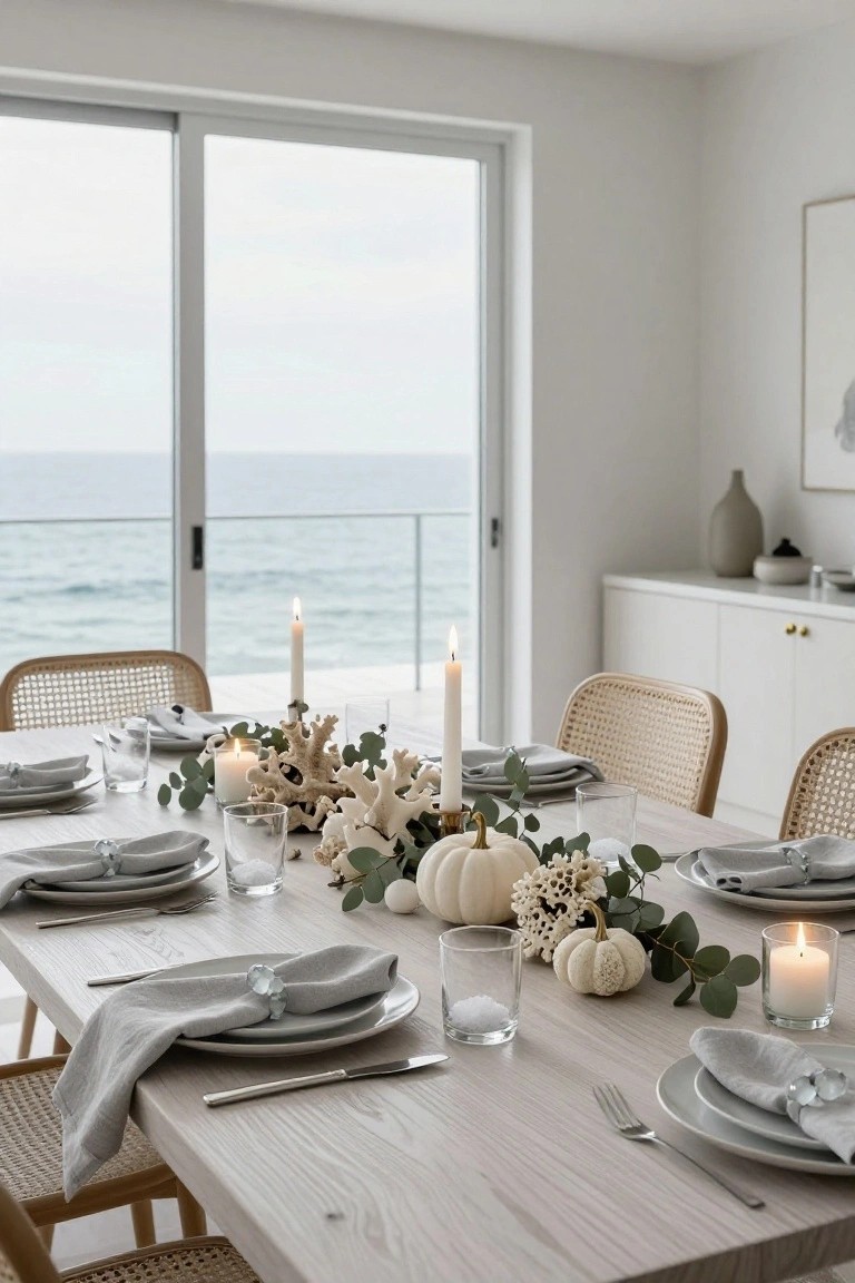Dining table set with white pumpkins, coral sculptures, eucalyptus branches, candles in glass holders, neutral plates and linens, rattan chairs, inside a white room with sliding glass doors overlooking the ocean and balcony.