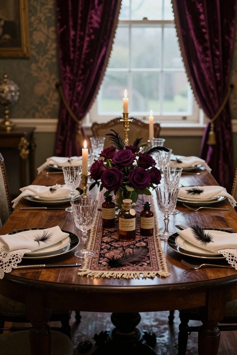 A formal dining table set for Halloween with a centerpiece of deep purple roses, black feathers on napkins and plates, crystal glassware, gold candlesticks, small labeled glass bottles, and a patterned runner, in a room with purple velvet curtains and ornate wooden furniture.