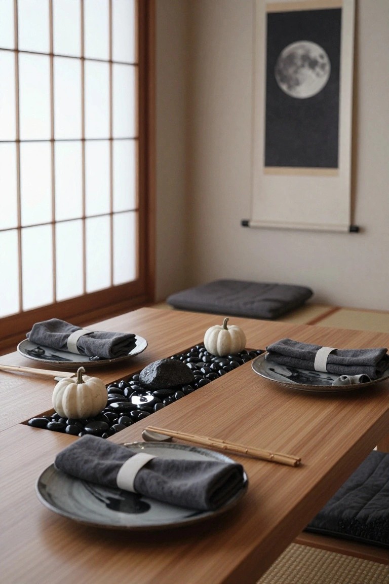 Low wooden dining table in a tatami room with shoji screens, featuring a central trough of black pebbles and small white pumpkins amid place settings of gray napkins, plates, and chopsticks.