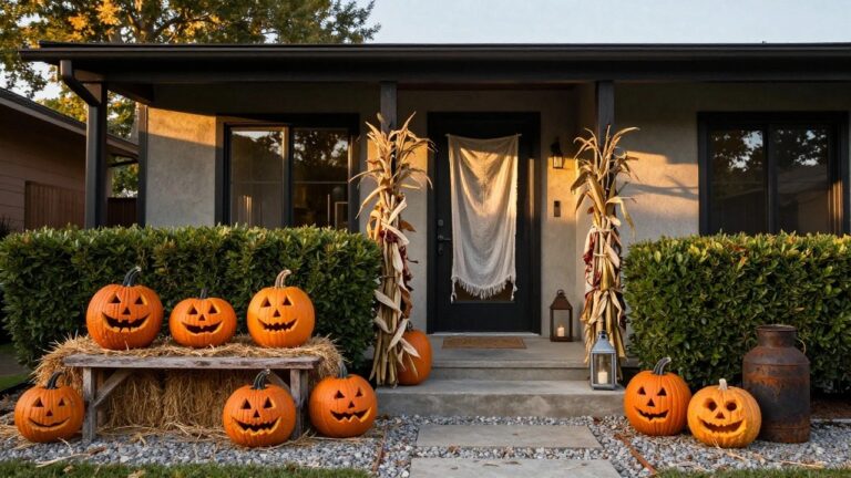 Front porch of a light-colored house decorated for Halloween, featuring tall cornstalks flanking the columns, sheer white fabric draped over the black front door, multiple carved jack-o-lantern pumpkins on hay bales and steps, a wooden bench, lanterns, bushes, and a stone path.