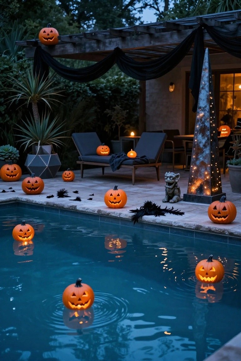 Outdoor pool at dusk decorated for Halloween with orange lit jack-o'-lanterns floating in the blue water, placed on the patio decking near lounge chairs and plants, and positioned around a pergola with black drapes.