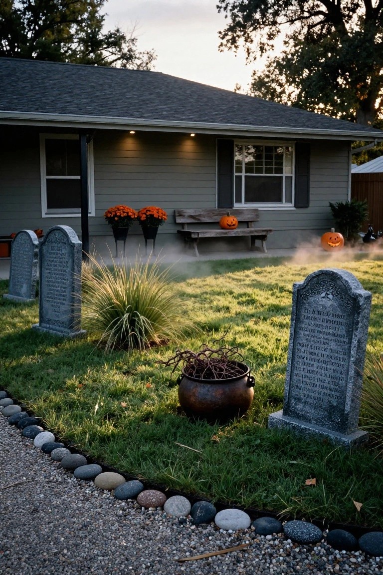 Gray house with shingled roof and front porch featuring Halloween decorations including several foam tombstones on the lawn, fog machine mist, orange pumpkins, chrysanthemum planters, wooden bench, and metal cauldron, edged by pebble border and gravel path.