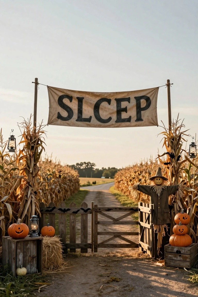 Rustic Halloween yard entrance with cornstalk borders, a tattered banner overhead reading SLCSC EP, wooden gate with bat cutouts, pumpkins, lanterns, and a scarecrow leading to a dirt path through cornfields.