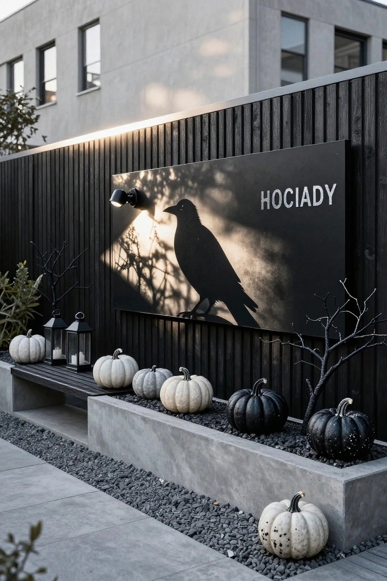 Modern black wall with crow silhouette, pumpkins, and lanterns in gravel bed.