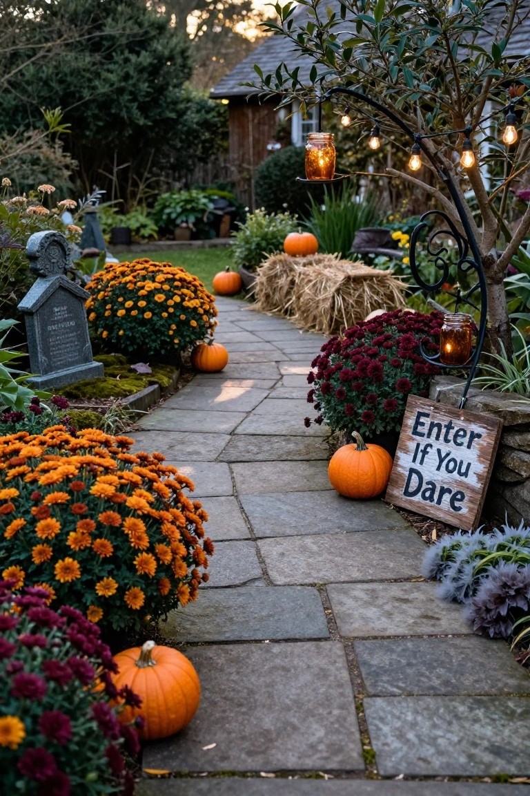 Stone pathway through a garden edged with orange and red chrysanthemum bushes, pumpkins, small gravestones, hay bales, hanging lanterns, and a sign reading "Enter If You Dare".