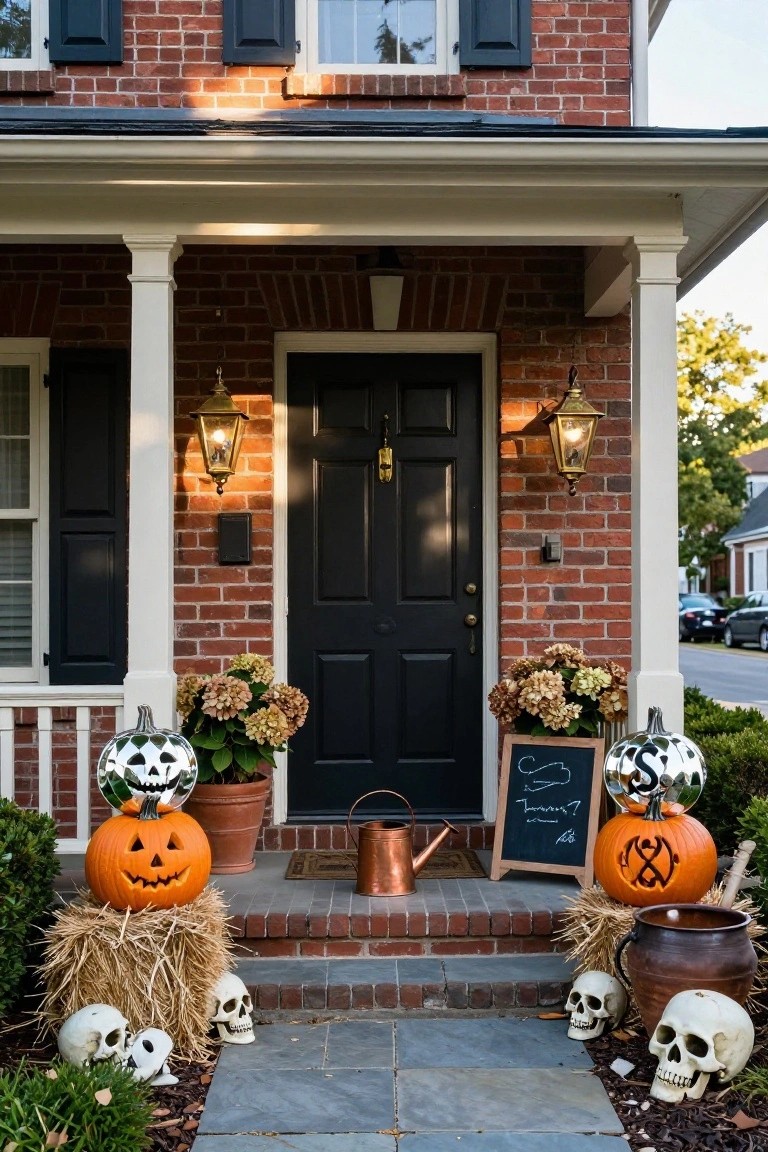 Brick house front porch with black door flanked by lanterns, decorated for Halloween with stacked hay bales topped by orange and metallic jack-o-lanterns, potted mums, a chalkboard sign, copper watering pot, and skull props on slate steps.