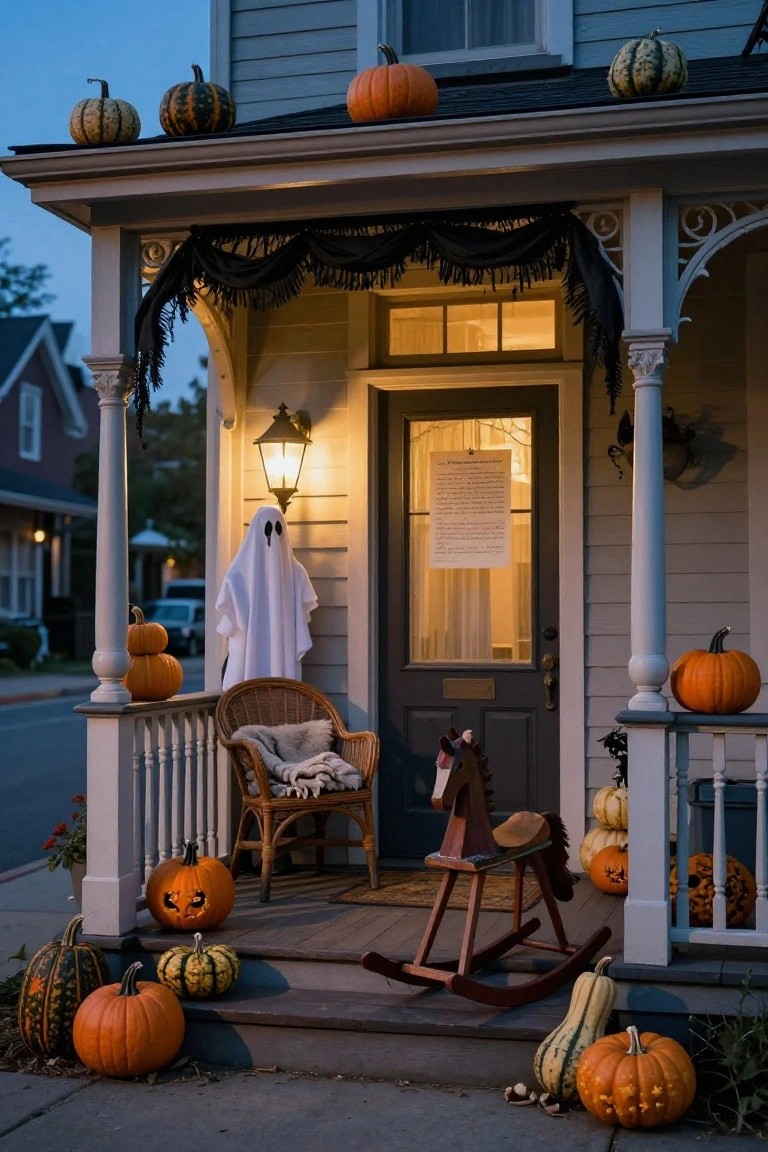 Front porch of a light gray house decorated for Halloween with assorted pumpkins on steps and porch, a hanging white sheet ghost, a wooden rocking horse, a wicker chair with blanket, black garland, and a lit lantern beside the dark wood door at dusk.
