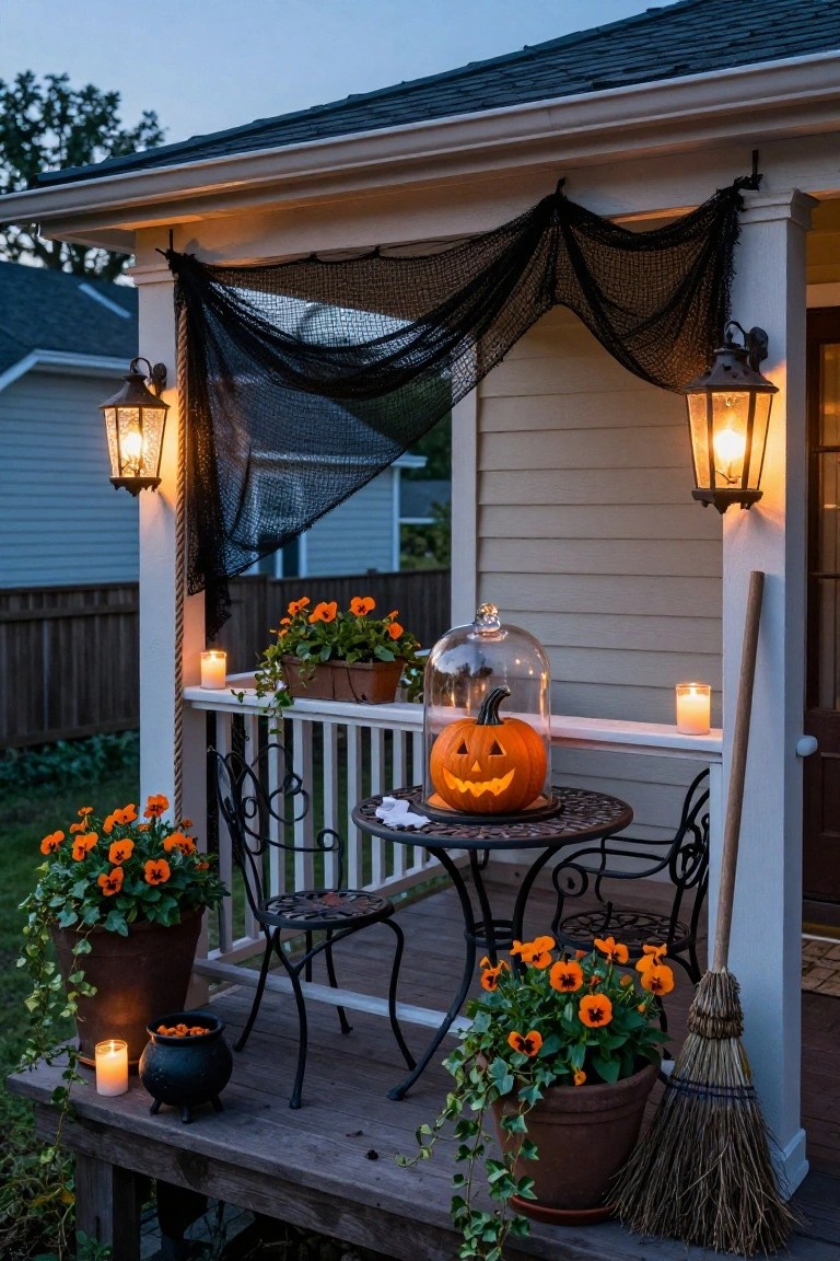 Porch decorated for Halloween with a lit carved pumpkin under a glass dome on a small metal table, surrounded by potted orange flowers, lanterns, candles, and a broom.