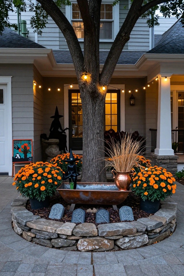 Front yard tree in a circular stone wall bed filled with orange mums, potted flowers, tall grasses, a copper cauldron, witch figures, and small tombstones, with Halloween lights and decorations on the house porch.