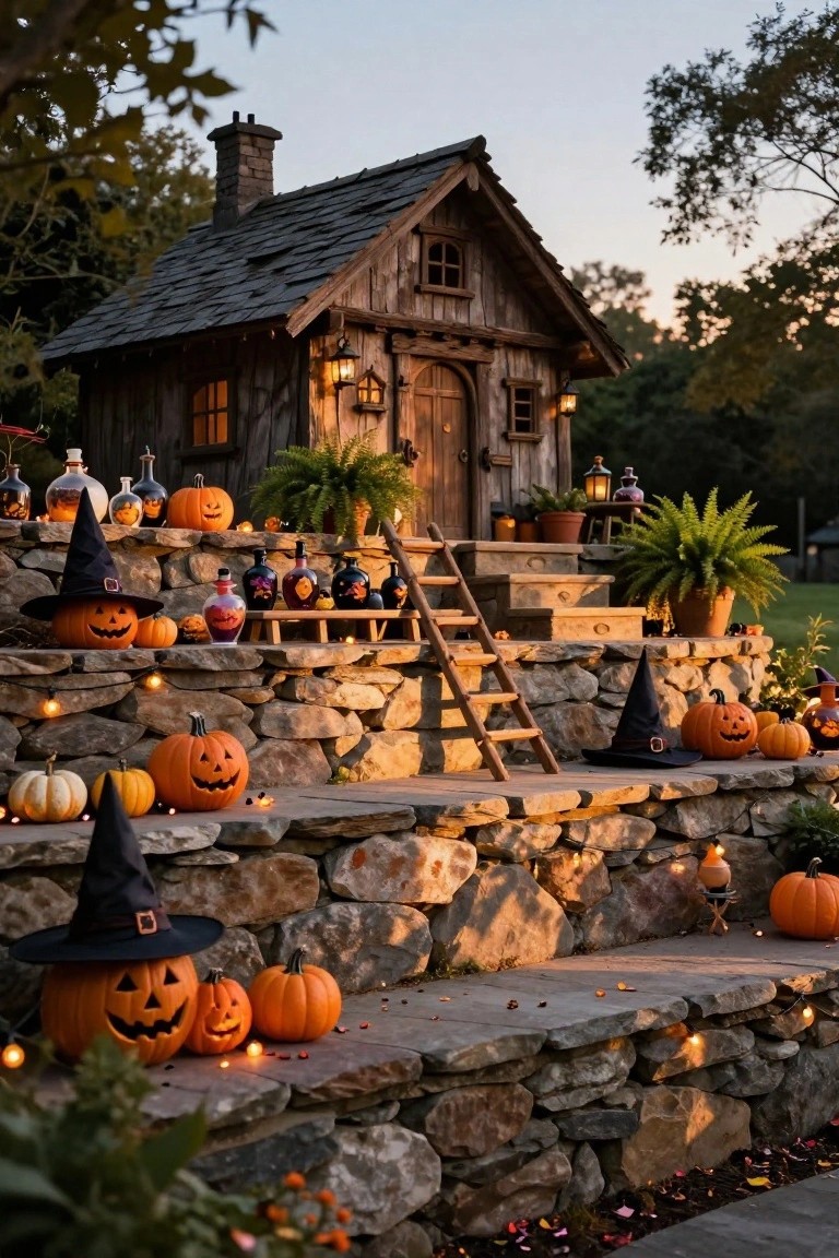 Small wooden cabin with slanted roof and lantern lights atop multi-level stone steps and walls covered in carved jack-o-lanterns, witch hats, glass bottles, plants, and string lights in a Halloween yard scene at dusk.